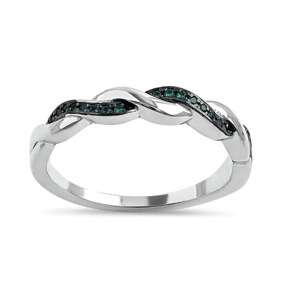 Sterling Silver and Black Rhodium Plated Braided Green Emerald Ring - Picture 2 of 4